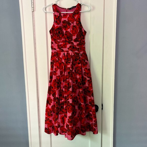 eShakti pink red floral midi dress size small / 6 smocked full skirt feminine - Picture 1 of 11